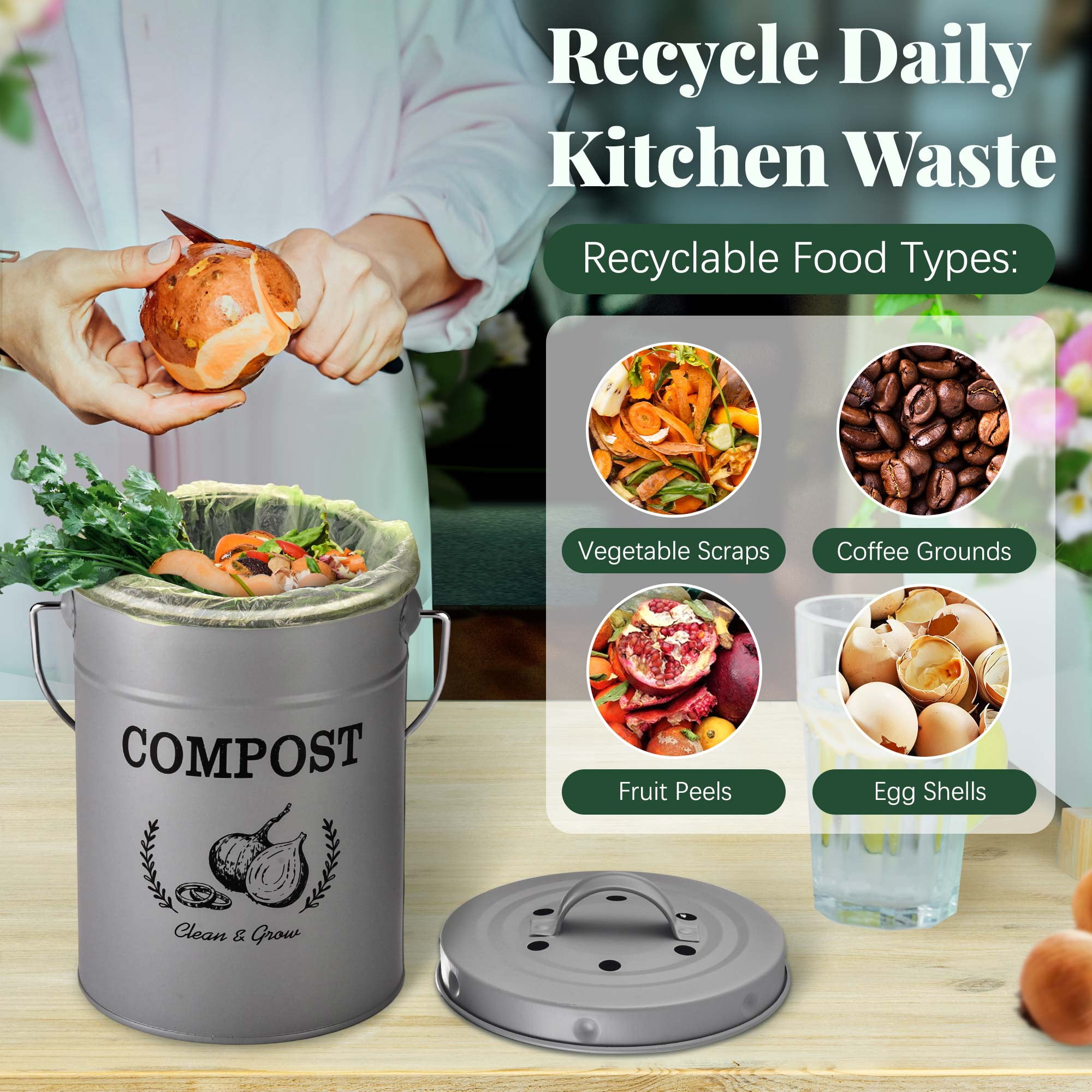 ARC USA Clean & Grow 1 Gallon Grey Plastic Kitchen Compost Bin