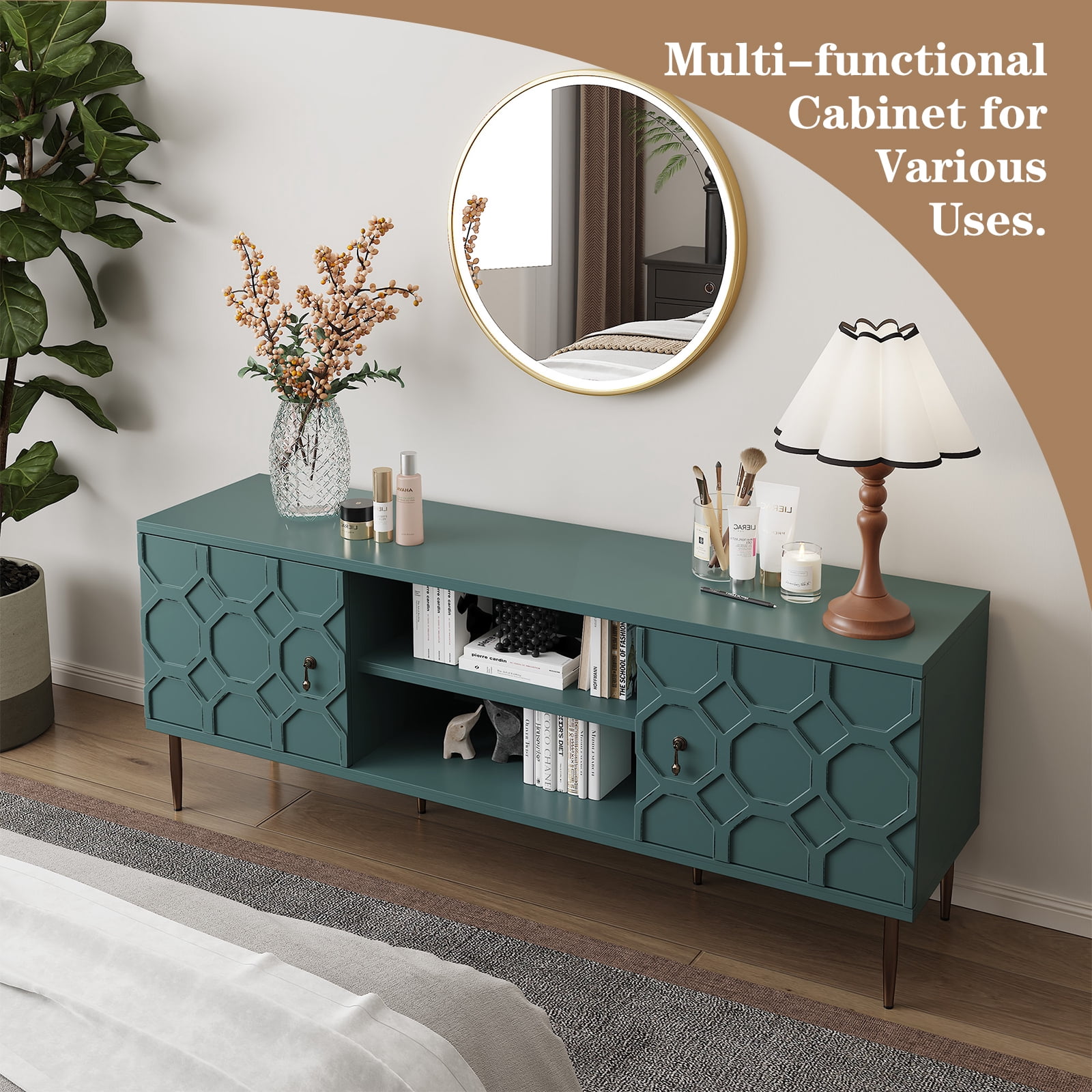 HLR 63" TV Stand, for TVs up to 75", Mid-Century Wood Entertainment Center for Living Room, Green