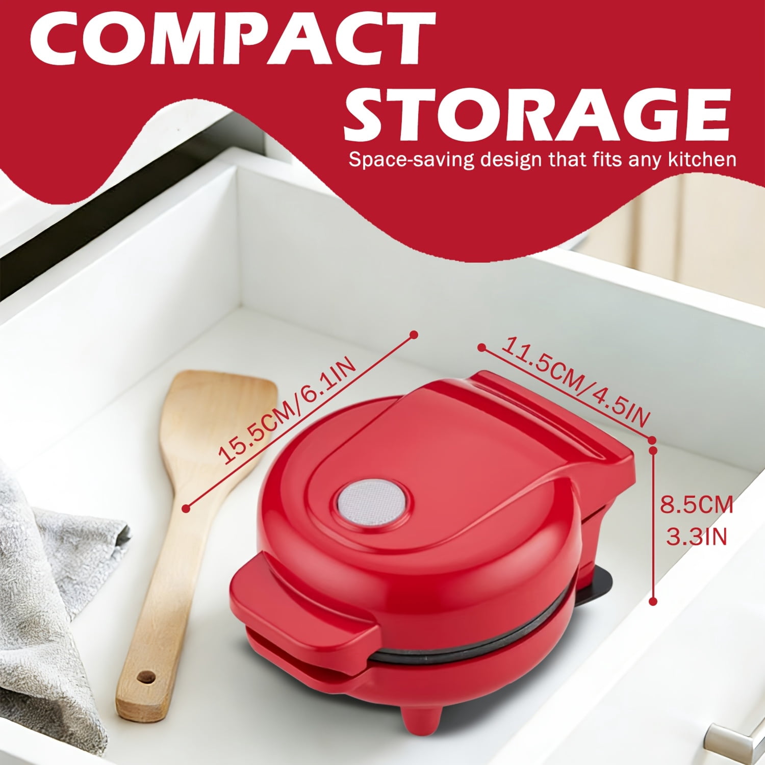 Mini Waffle Maker, 4.5" Non-Stick Griddle, 550W Fast Cooking Under 4 Mins, Perfect for Breakfast Brunch Lunch Snacks, Red