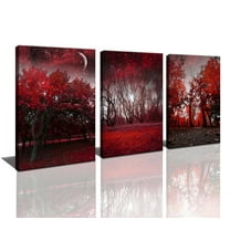 Wall Art Red Forest Framed Canvas Painting  for Home Decorations Wall Decor 12x16inchx3 Panels