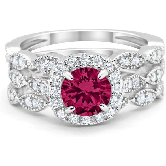 beryl_creation 2.00 Ct Round Cut Red Ruby Wedding Engagement Bridal Ring Set 14K White Gold Plated 925 Sterling Silver For Women's -4