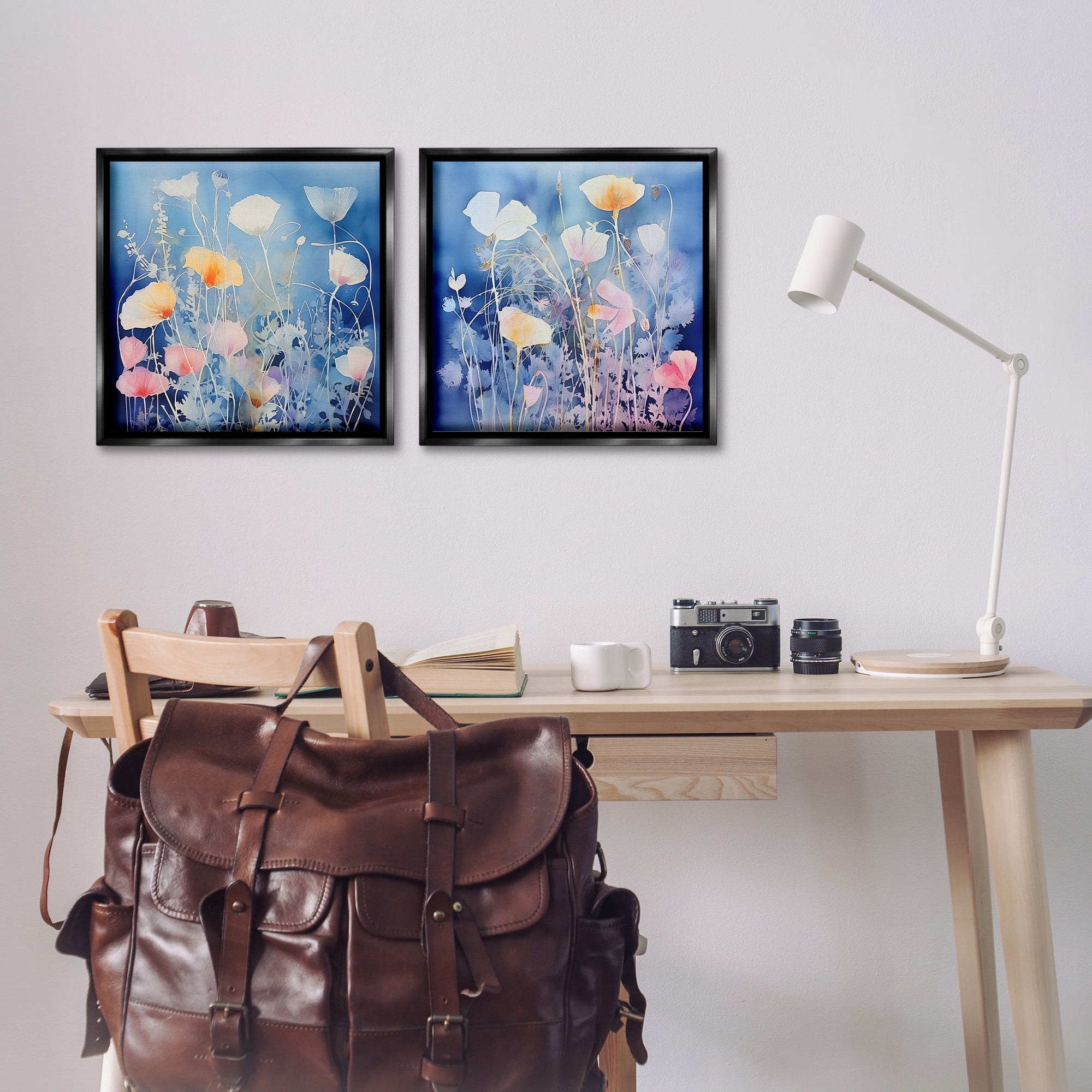 Stupell Industries Abstract Poppies on Blue Botanical & Floral Painting Black Floater Framed Canvas Art Print Wall Art, 18 x 18, Set of 2