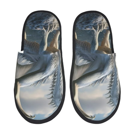 Balery Mountain White Dragon Slient Indoor Furry Fleece Comfort House Shoes Soft Non-Slip Home Shoes Cotton slippers House Slippers-- Medium