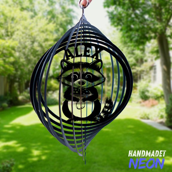 Handmadetneonsign Racoon Wind Spinner, Adorable Raccoon Ornament, Outdoor Garden Decoration 132757