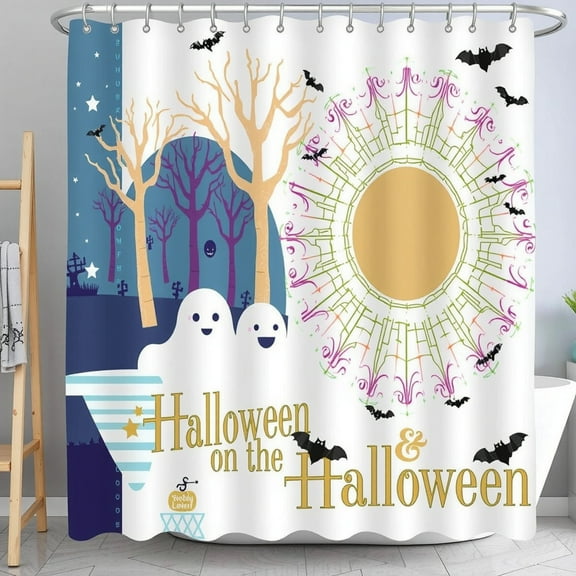Whimsical Halloween Shower Curtain with Ghosts, Bats & Spooky Design