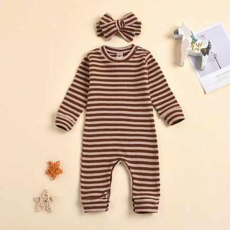 

SDJMa Newborn Infant Baby Long Sleeve Stripe Printed Jumpsuit Romper+Headbands Sets