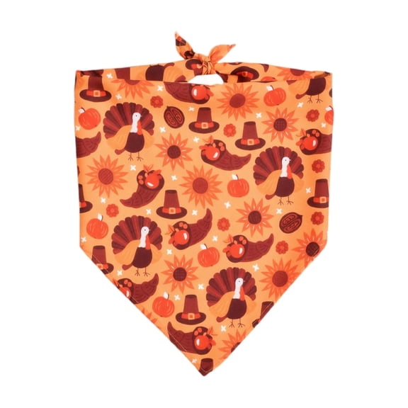 Thanksgiving Bandana for Dogs and Cats with Tie-On Design, 1-Pack, Orange Turkey and Pumpkin Print, Fall Pet Apparel Accessory