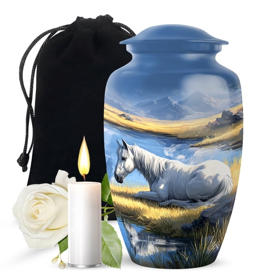 JAGASY Horse Handmade Urn for Ashes Adult Male, Blue Large Urns for Human Ashes for Women, Mountain Trees Decorative Urns for Daughter, White Horse Burial Cremation Urn for Son, (10 Inch)