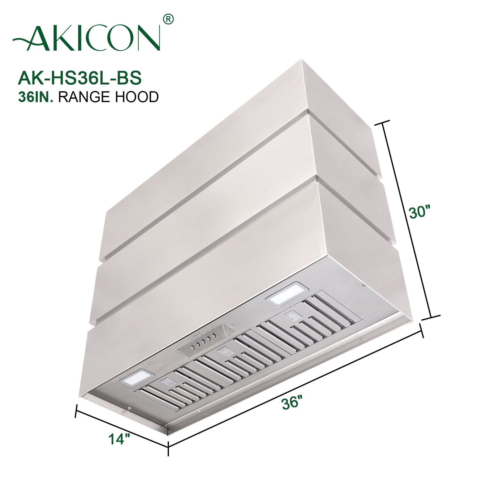Akicon 36" Stainless Steel Range Hood, Modern Box Ducted Kitchen Hood with Powerful Vent Motor, Wall Mount, 36"W * 30"H*14"D, Brushed Stainless