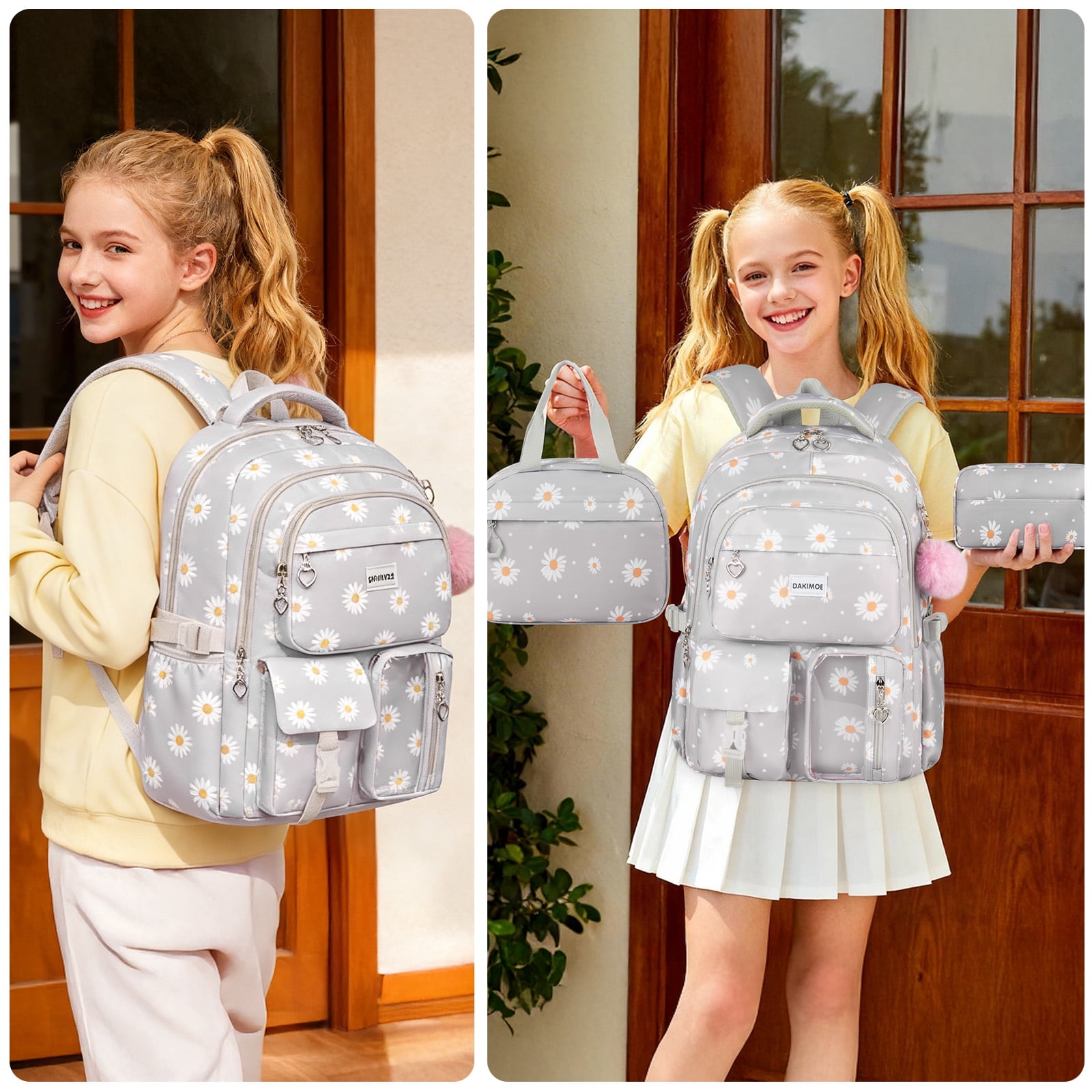 DAKIMOE Cute School Backpack Set Water Resistant Durable 3-in-1 School Bookbag for Travel & Daily Use