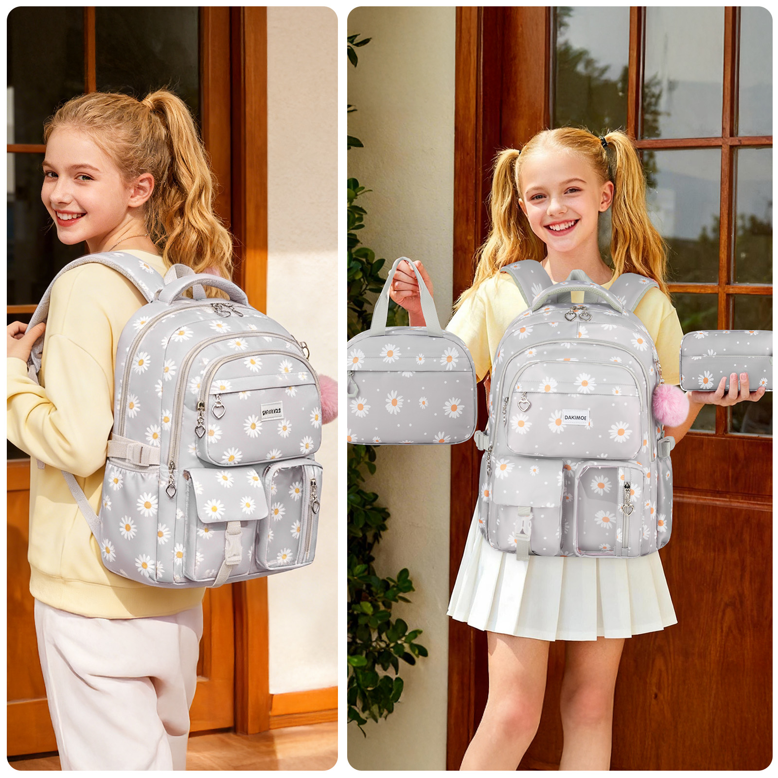 Set de mochila escolar linda DAKIMOE resistente al agua y duradera, 3 en 1, para viaje y uso diario 7