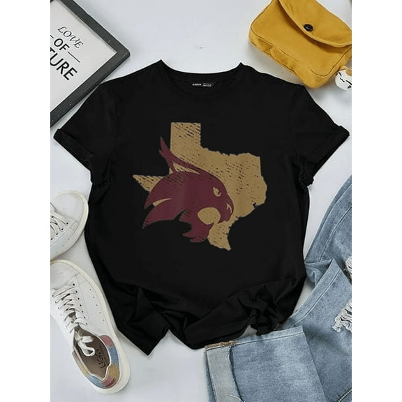Texas State University Bobcats State Shape Graphic Fan Unisex T-Shirt, up to Size 5XL