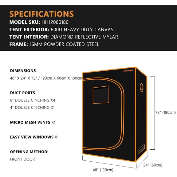 4x2 Grow Tent Kit (48"x24"x71") - Heavy-Duty 600D Diamond Mylar Lining, 98% Reflective, Viewing Window & Waterproof Floor Tray for Hydroponics Indoor Growing