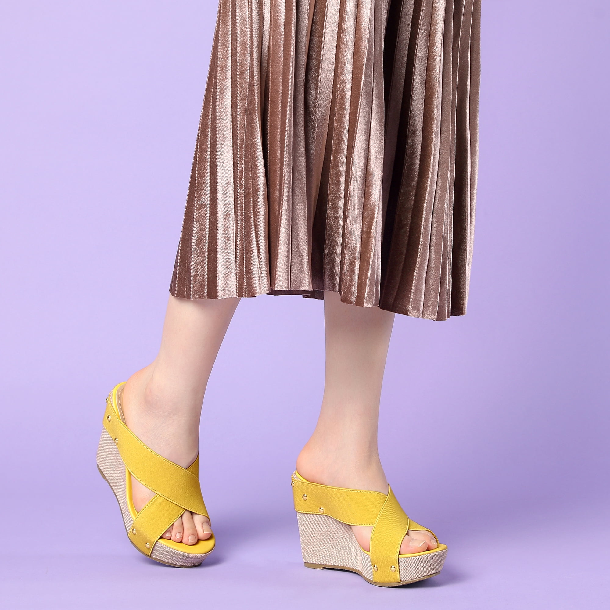 DARING DIVA Women's Stylish Open Toe Linen Platform Slide Wedge Sandals Yellow 10