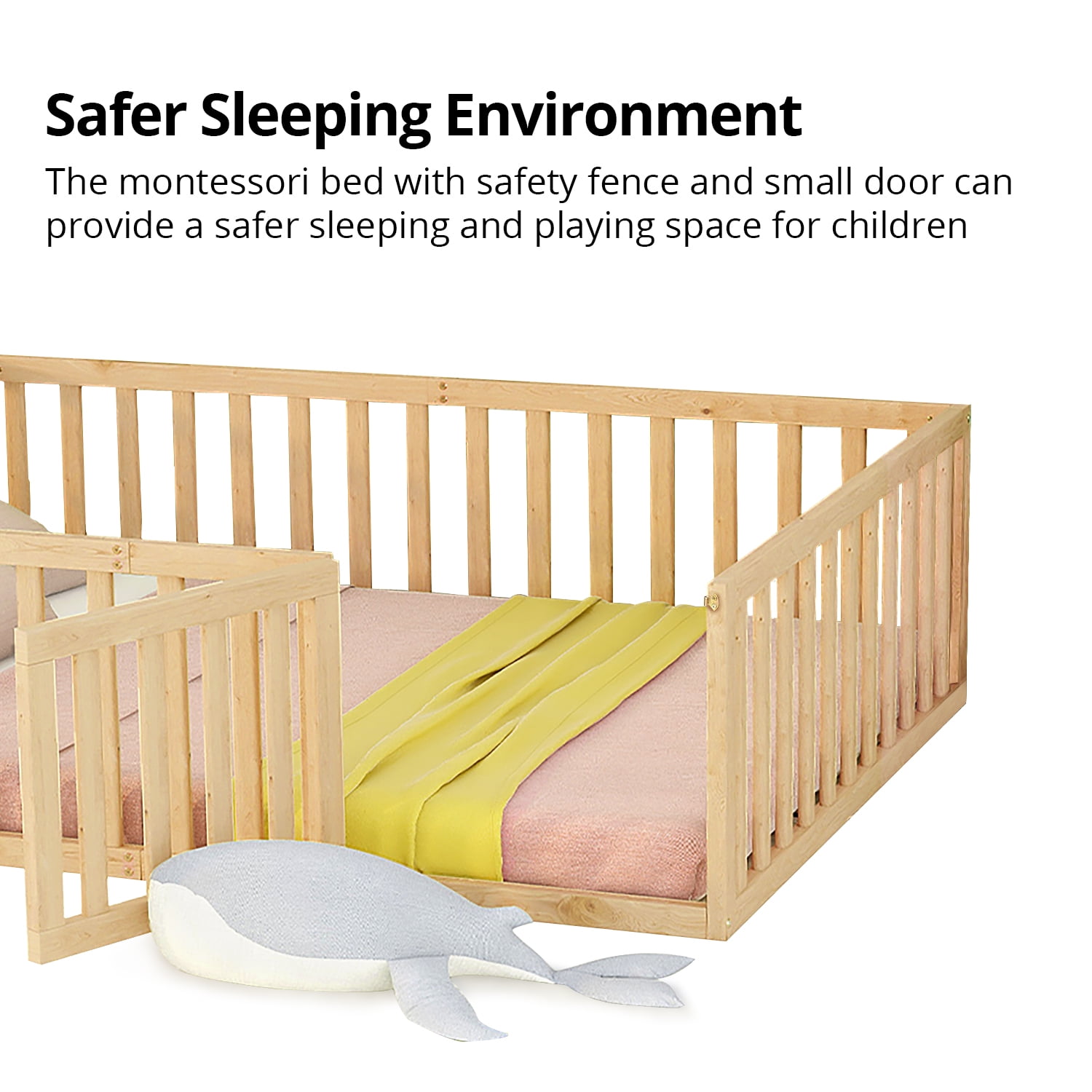 Full Size Floor Bed for Kids, Wood Full Montessori Bed Frame with Fence Guardrails and & Support Slats, Full Playhouse Bed with Door Design, Kids Fence Bed Playpen Bed for Boys ,Girls, Natural