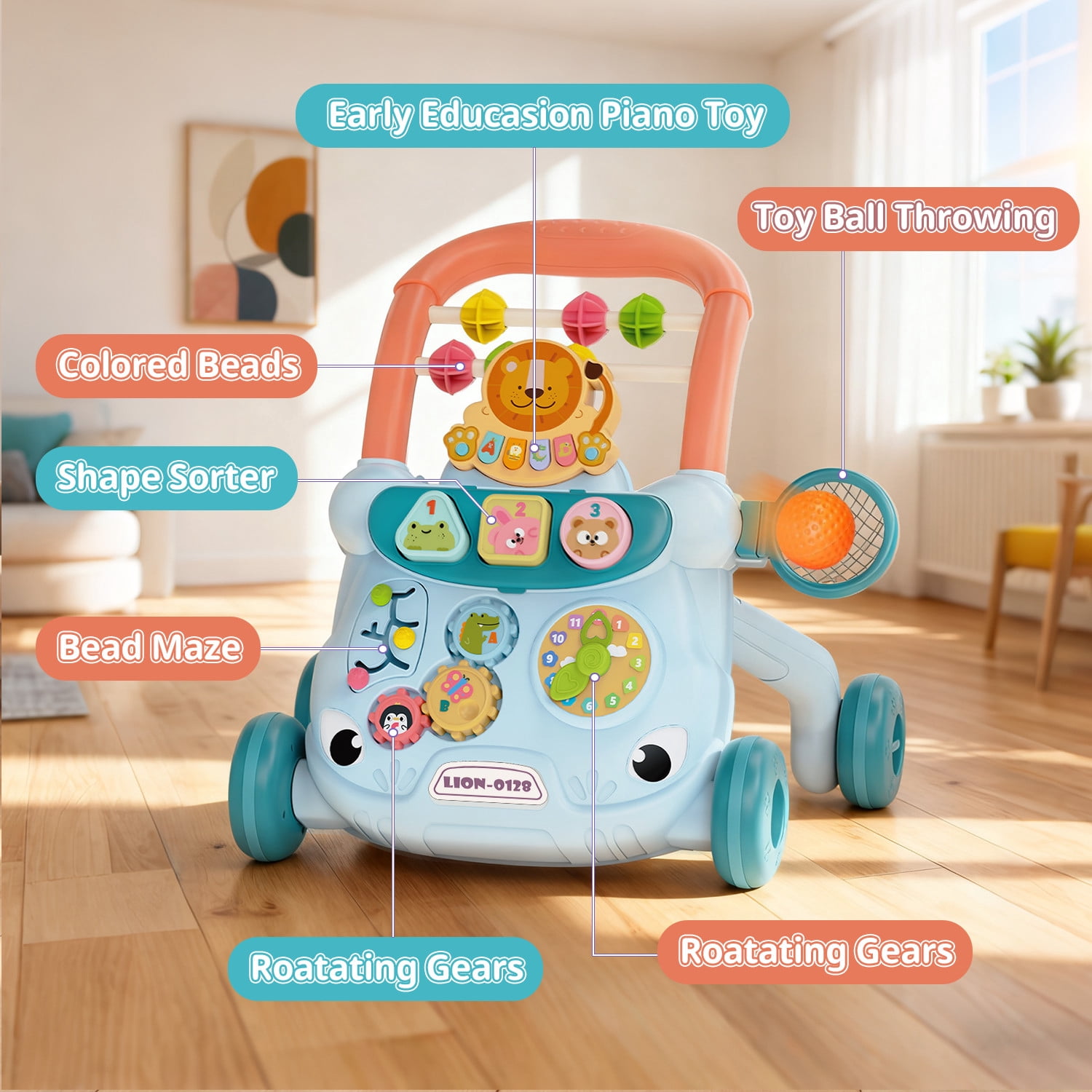 JoyStone Baby Walker with Music Piano and Activity Toys, Educational Push Walker for Infants 6-12 Months (Blue)
