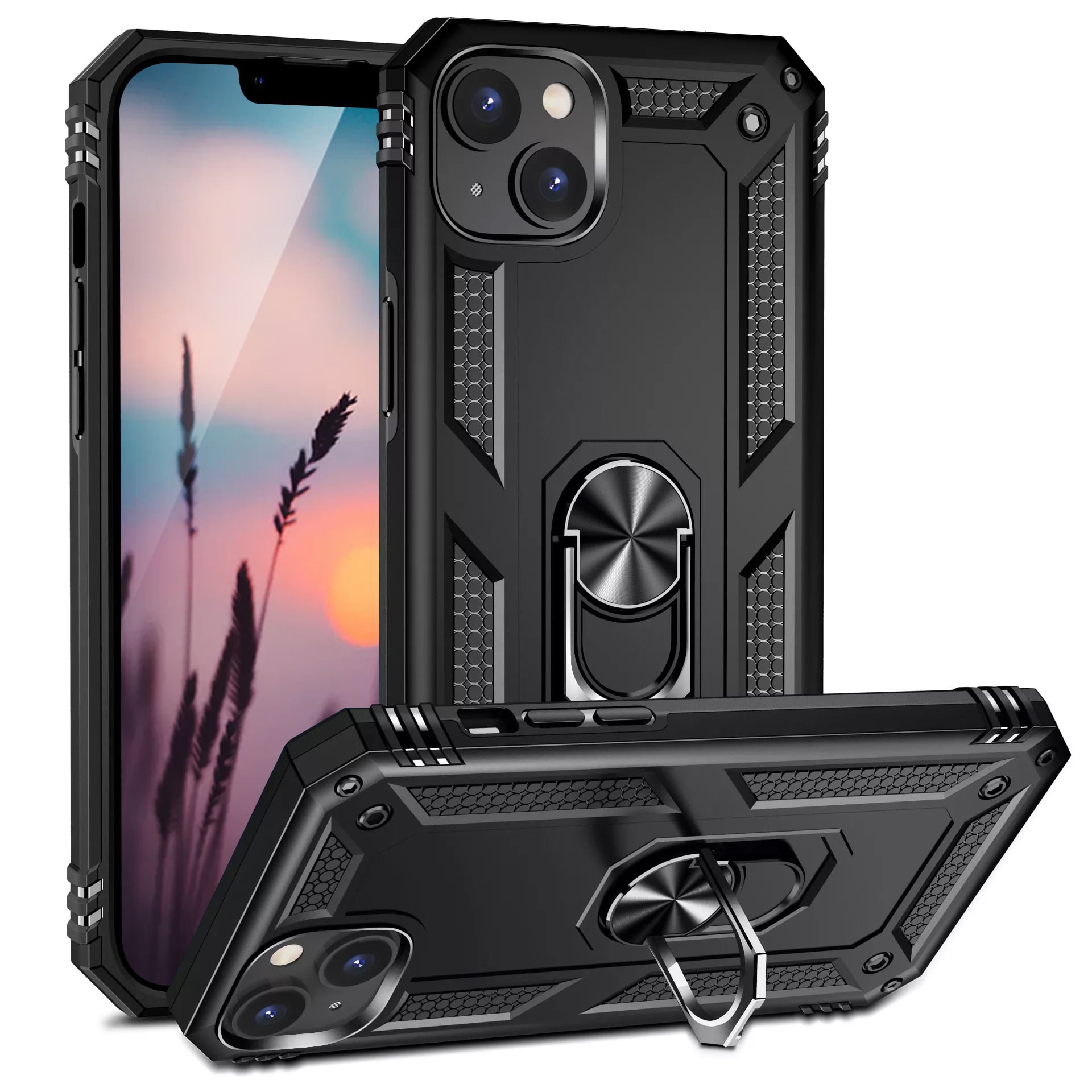 TJS Phone Case for Apple iPhone 14 Plus, Impact Resistant Metal Ring Magnetic Support Kickstand Drop Protector Cover for iPhone 14 Plus (Black)