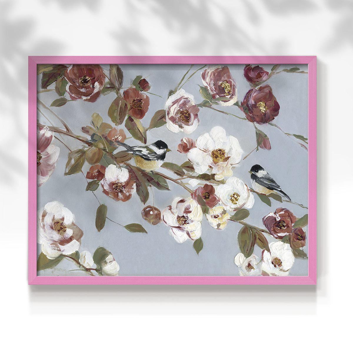 Chickadees and Blossoms II by Sally Swatland - Restickable Framed Giclée Print