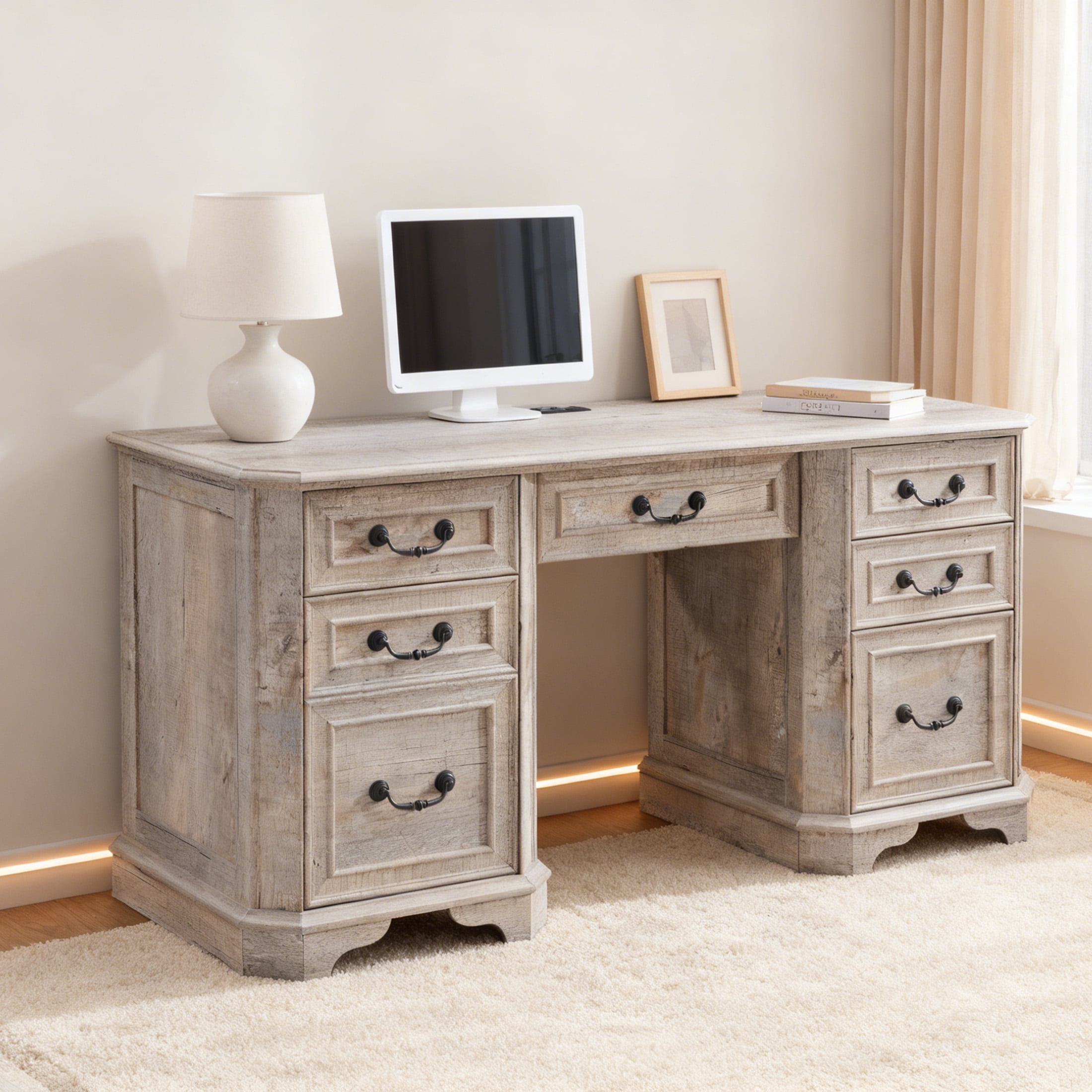 OKD 59" Farmhouse Office Desk，Rustic Desk - Engineered Wood，Corner Desk Charging Station，File drawer，For Study & Living Room Use