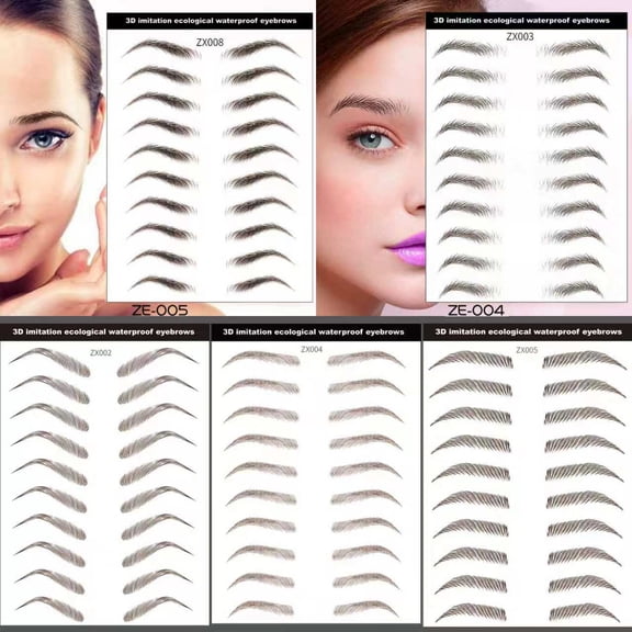6D Hair Like Waterproof Eyebrow Tattoos Stickers 5 Sheets 100 units Waterproof Eyebrow Transfers Stickers Temporary Brow Tattoo Peel Off Grooming Shaping Eyebrow Sticker, 5 Types Brown