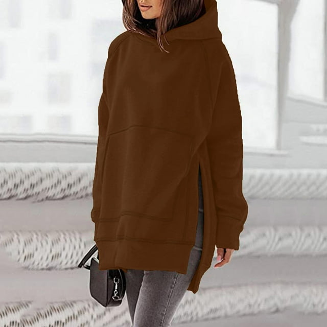 Meichang Sweat à Capuche Surdimensionné pour Femmes Manches Longues Raglan Décontracté Mode Fendu Côté Ourlet Haut Bas Pull Uni