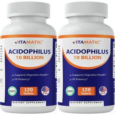Vitamatic 2 Packs Acidophilus Probiotic - 10 Billion CFU - 120 Tablets - 5X Potency - Daily Probiotic Supplement, Supports Digestive Health (Total 240 Tablets)