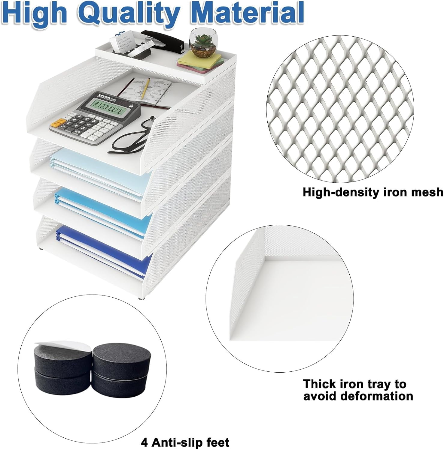 Natwind 4-Tier Stackable Paper Tray, Metal Mesh Desktop Organizer, Paper Sorter, Letter Trays,File Document Storage Rack for for Home, Office, School (white)