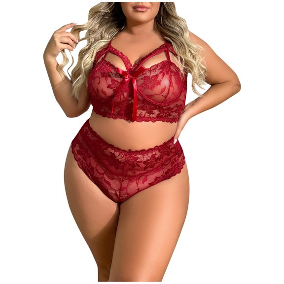 Levmjia Womens Lace Lingerie Set Plus Size Bow Wireless Solid Color Adjustable Spaghetti Strap V Neck Bra And High Waist Panty Suit Honeymoon Bedroom