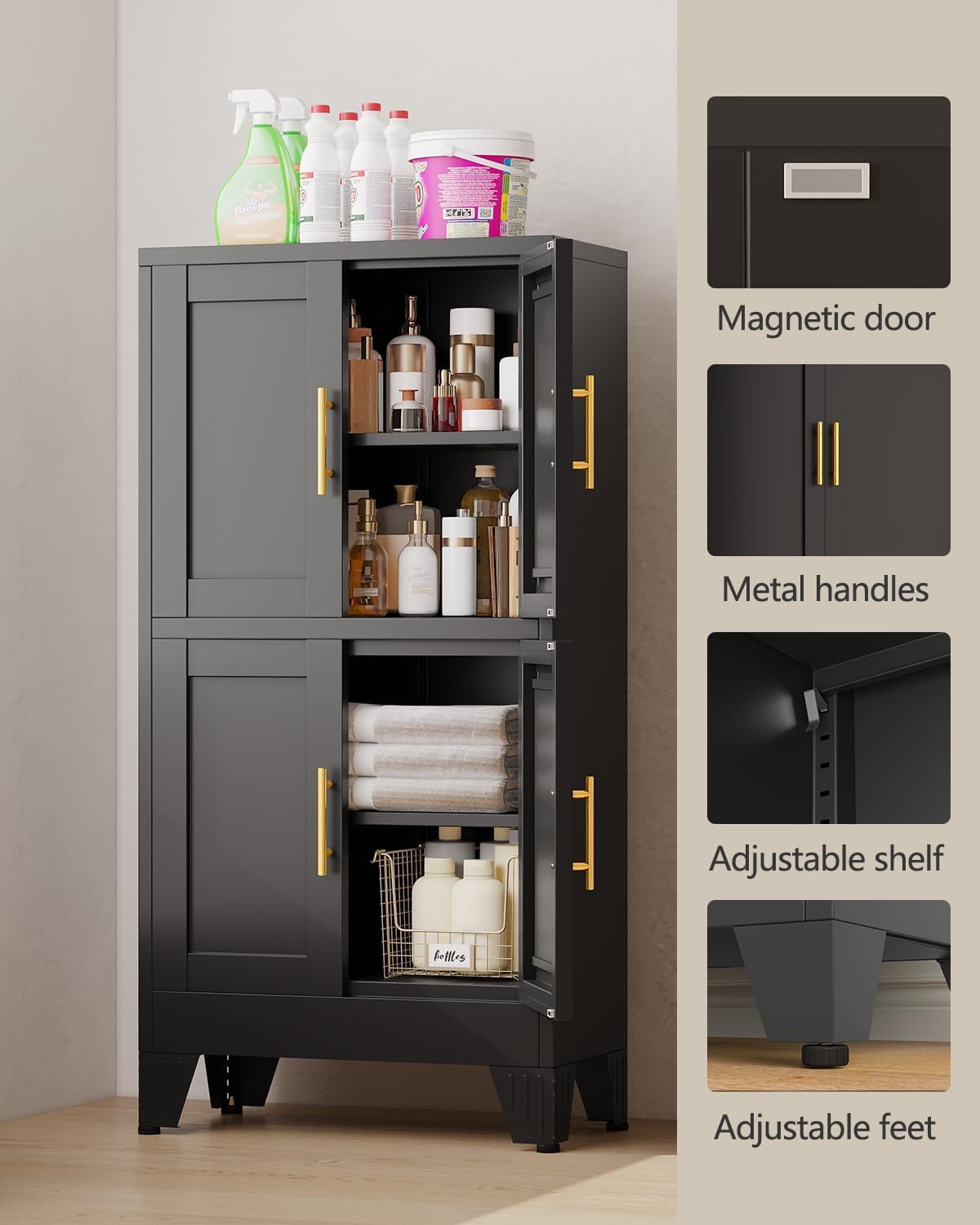 EROSOEI Sturdy Metal Pantry Storage Cabinet with Doors and Shelves Black White