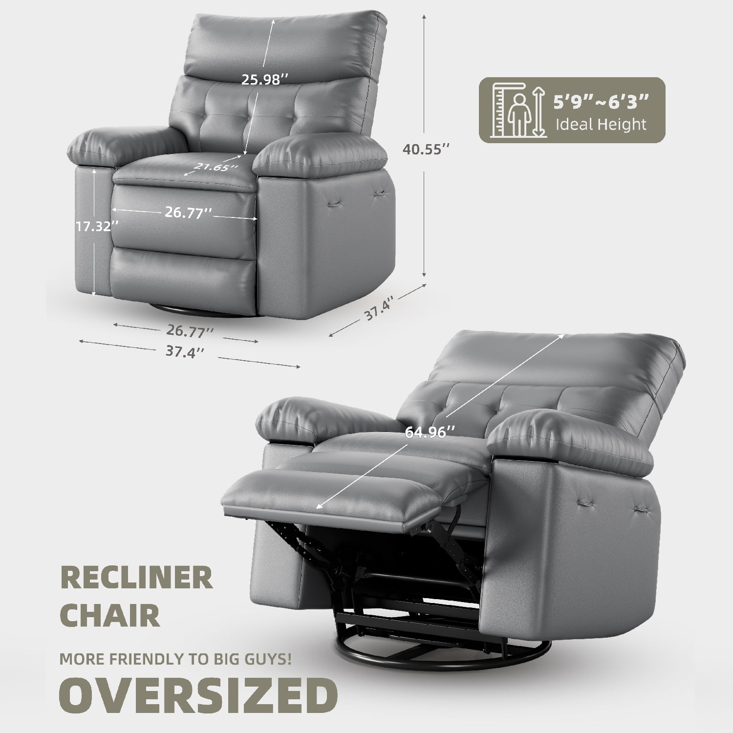 Shininglove Oversized Swivel Rocker Recliner Chair - Extra Wide PU Leather Manual Recliner with Thick Cushioning, 360° Rotation & 30° Rocking, Supports 400 lbs, for Living Room, Bedroom