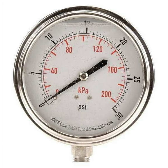 Pressure Gauge, 0 to 30 psi, 1/4 in MNPT, Stainless Steel, Silver(4CFJ7)