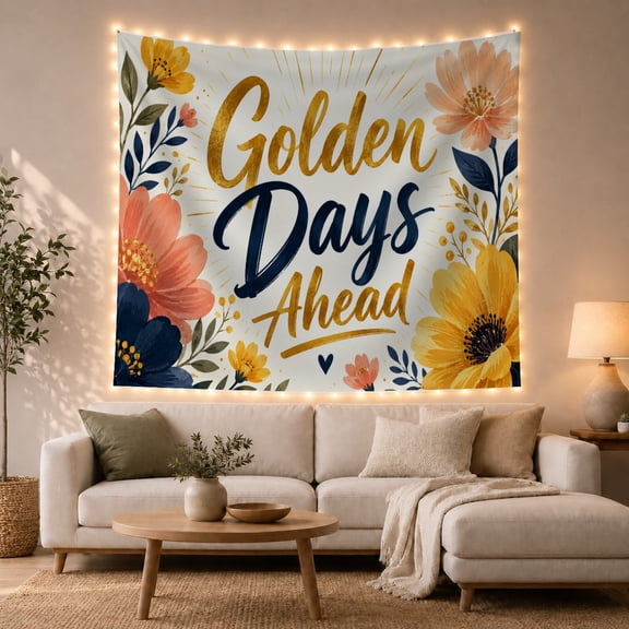 Golden Days Ahead Among Coral and Navy Blooms, Inspirational Illustration for Typography Fans, Botanical Wall Art, Graduation Gift, Tapestry Wall Hanging for Bedroom and Dorm