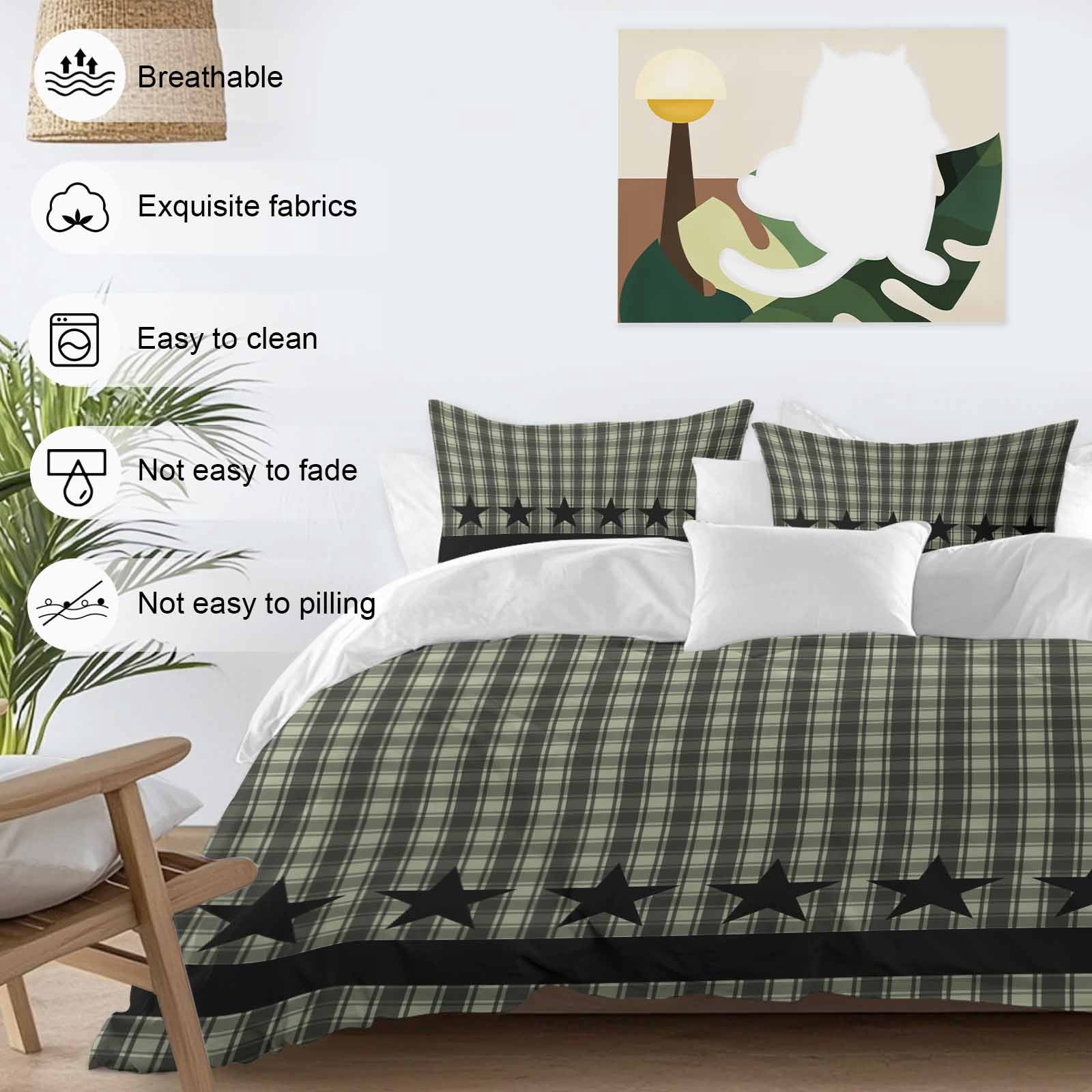Sage Green Black Plaid Bedding 3 Piece Duvet Cover Set Twin Size, Vintage Star Buffalo Check Rustic Soft Microfiber Comforter Cover with Zipper Closure & Pillowcases, FadeResistant Quilt Cover