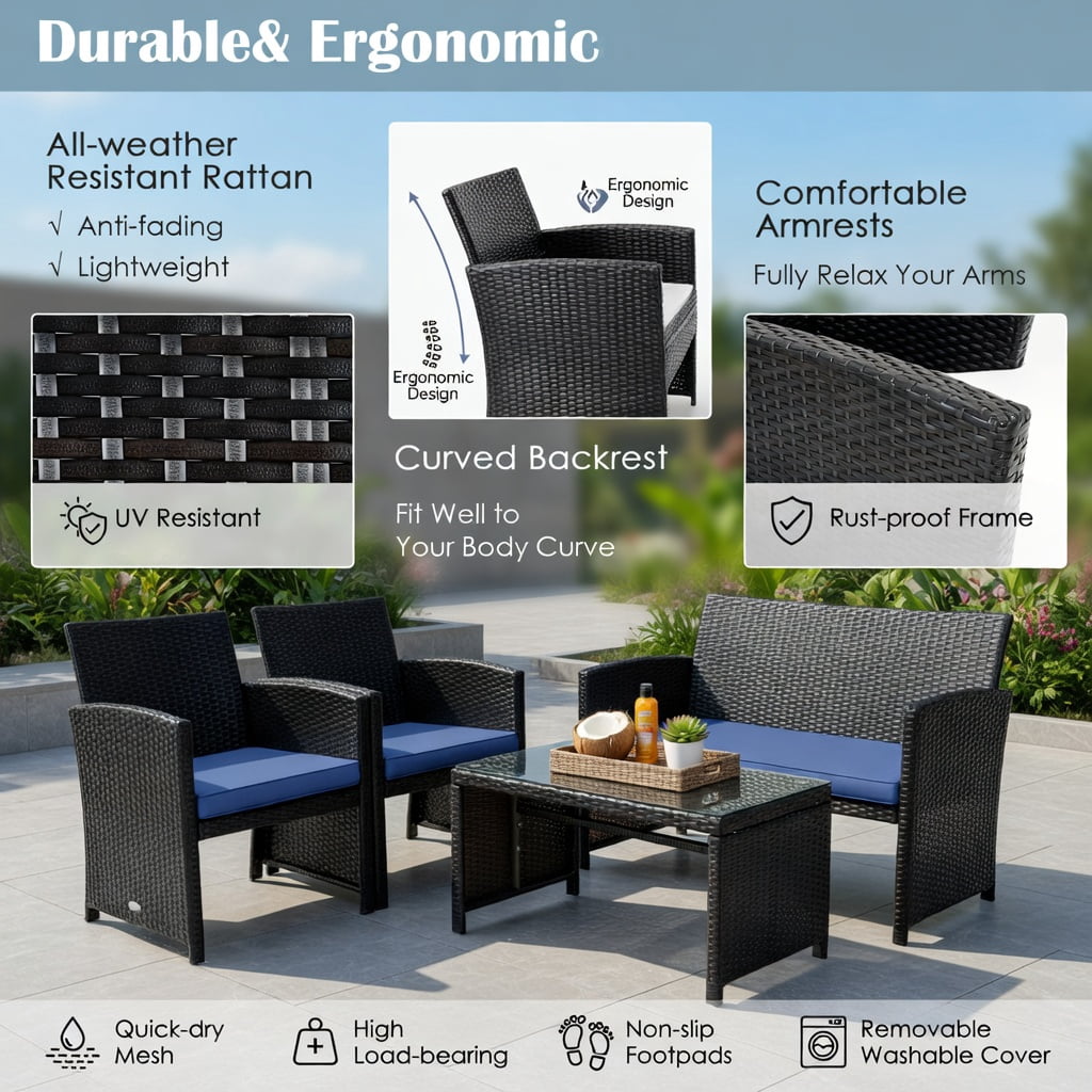 Hommoo 4-Piece Outdoor Rattan Patio Furniture Set with Cushions, Tempered Glass Coffee Table, Loveseat & 2 Chairs, Weather-Resistant Wicker Seating for Patio, Poolside & Deck, Navy