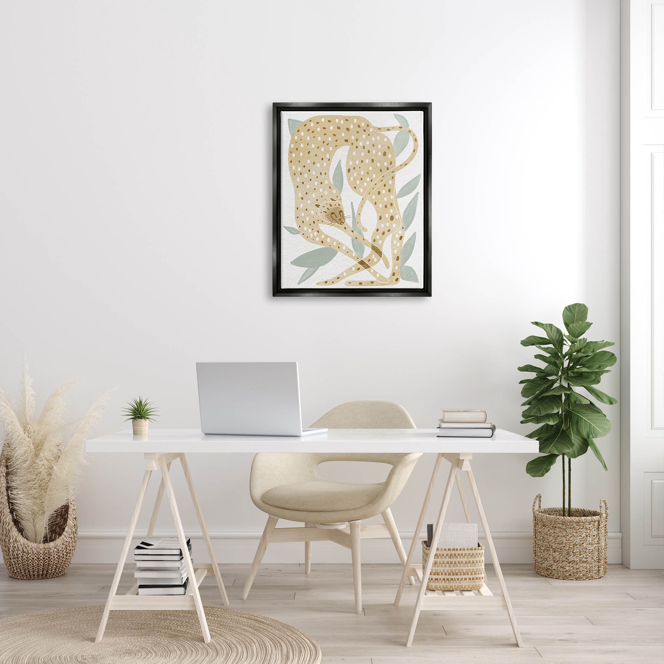 Modern Cheetah Botanical Leaves Animals & Insects Graphic Art Jet Black Framed Art Print Wall Art