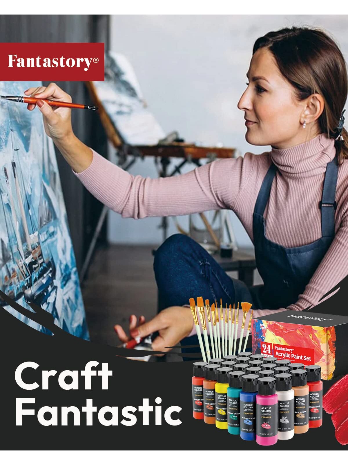 Fantastory Acrylic Paint Set, 24 Colors with 12 Brushes photo 8