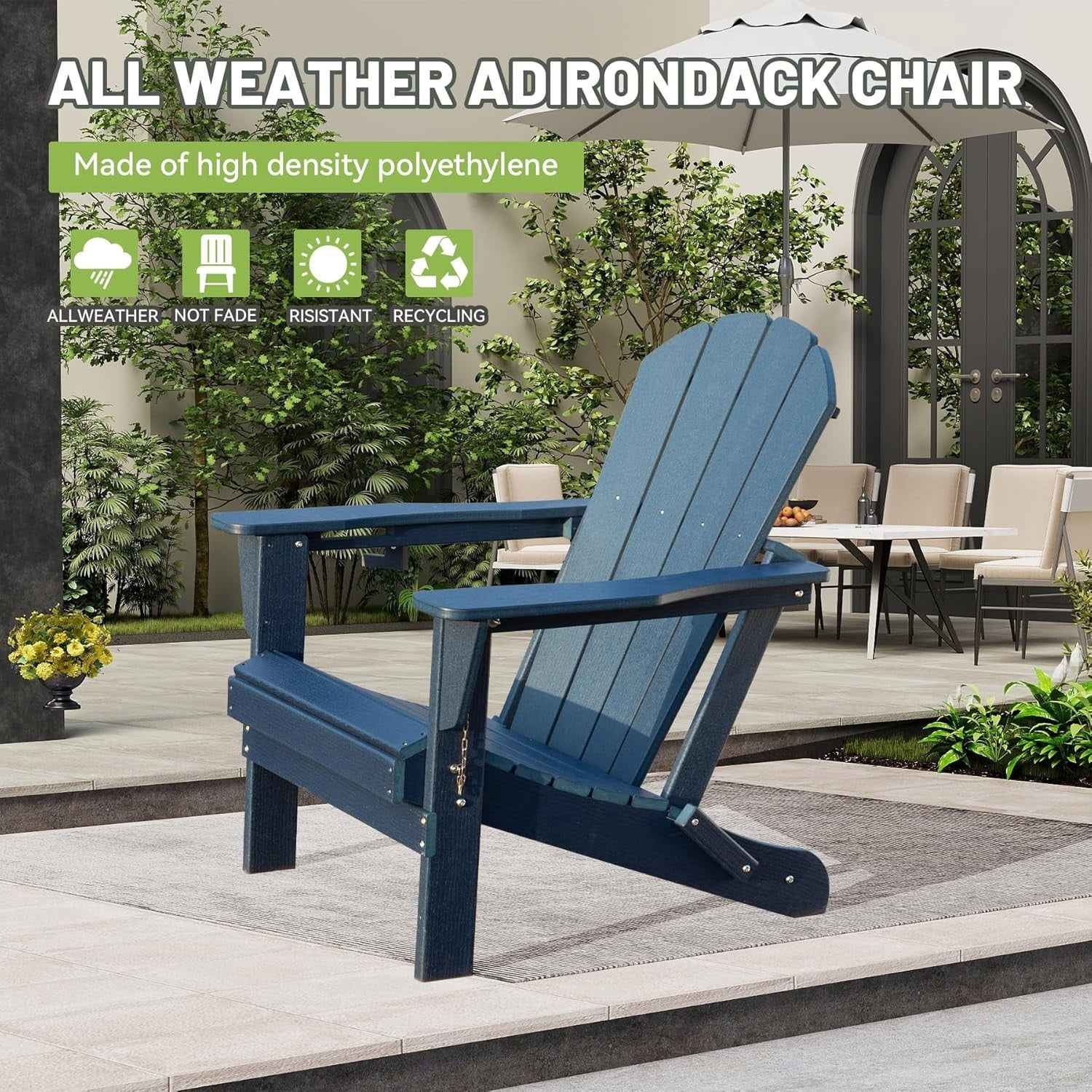 Folding Adirondack Chair, HDPE Outdoor Chair with Cup Holder, Weather Resistant Patio Chair with Wood Grain Finish for Lawn, Deck, Fire Pit, Dark Blue