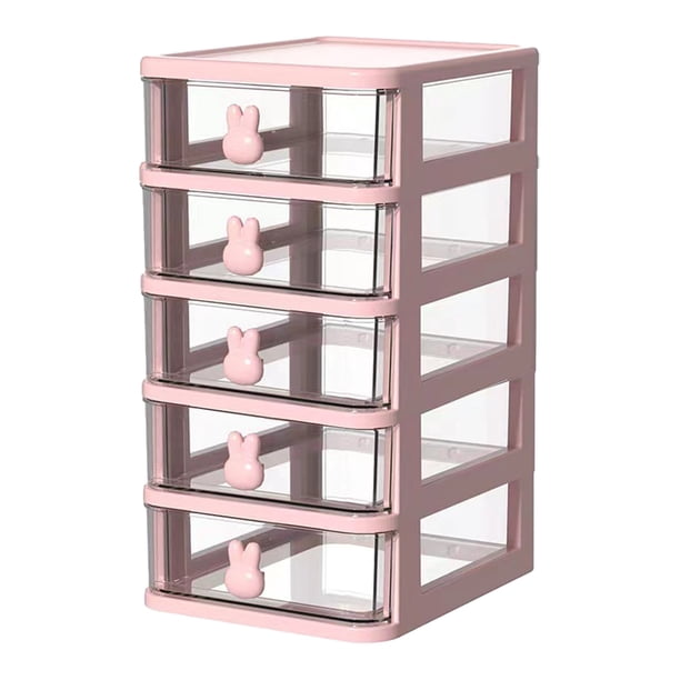 Caja de almacenamiento de plástico con cajón, organizador de escritorio, transparente, multicapa, con asas de conejo, suministros de oficina