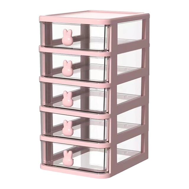 Caja de almacenamiento de plástico con cajón, organizador de escritorio, transparente, multicapa, con asas de conejo, suministros de oficina