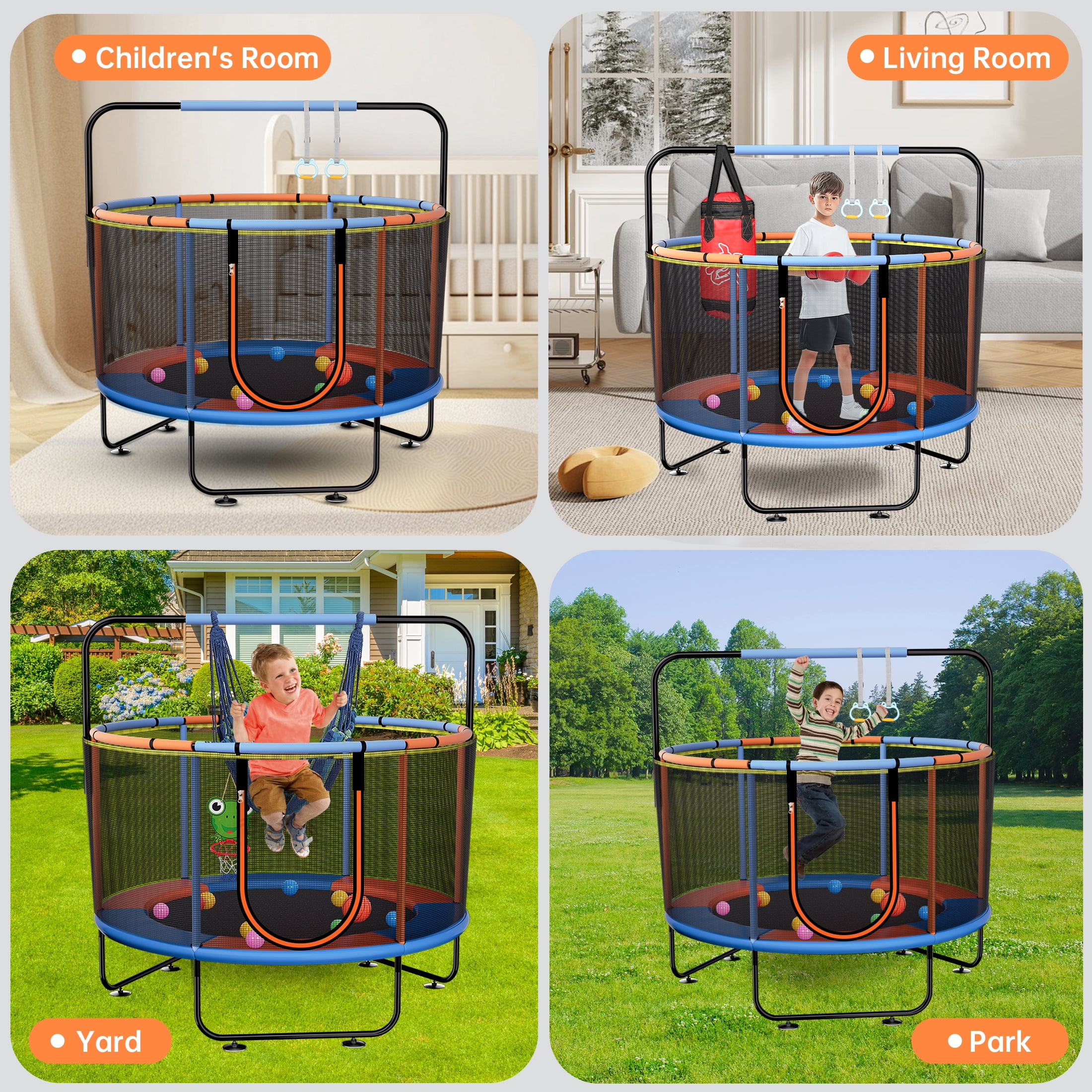 Skyhot 55" Indoor Outdoor Mini Round Trampoline for Kids, 7 in1 Kid Trampoline Indoor & Outdoor with Enclosure Net and Basketball Hoop