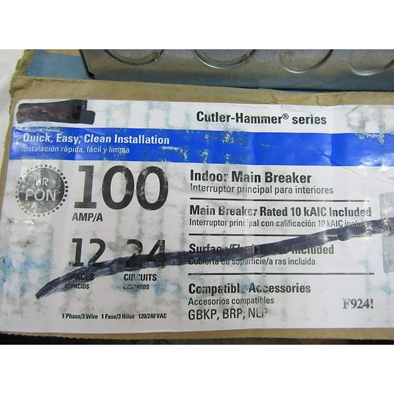 Eaton BRP12B100 Load Center, Indoor, Combination Cover, 12 Space/20 Pole, 100-Amp Main Breaker - Quantity 1