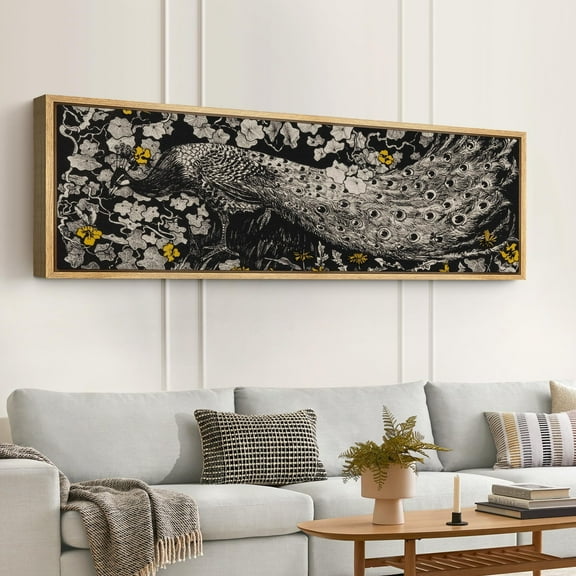 IDEA4WALL Extra Large Framed Canvas Print Wall Art Exotic Peacock with Florals Fine Art Vintage Pastel Antique Animal & Botanical Wall Decor Oversized Artwork Relax/Calm for Room - 60"x20"