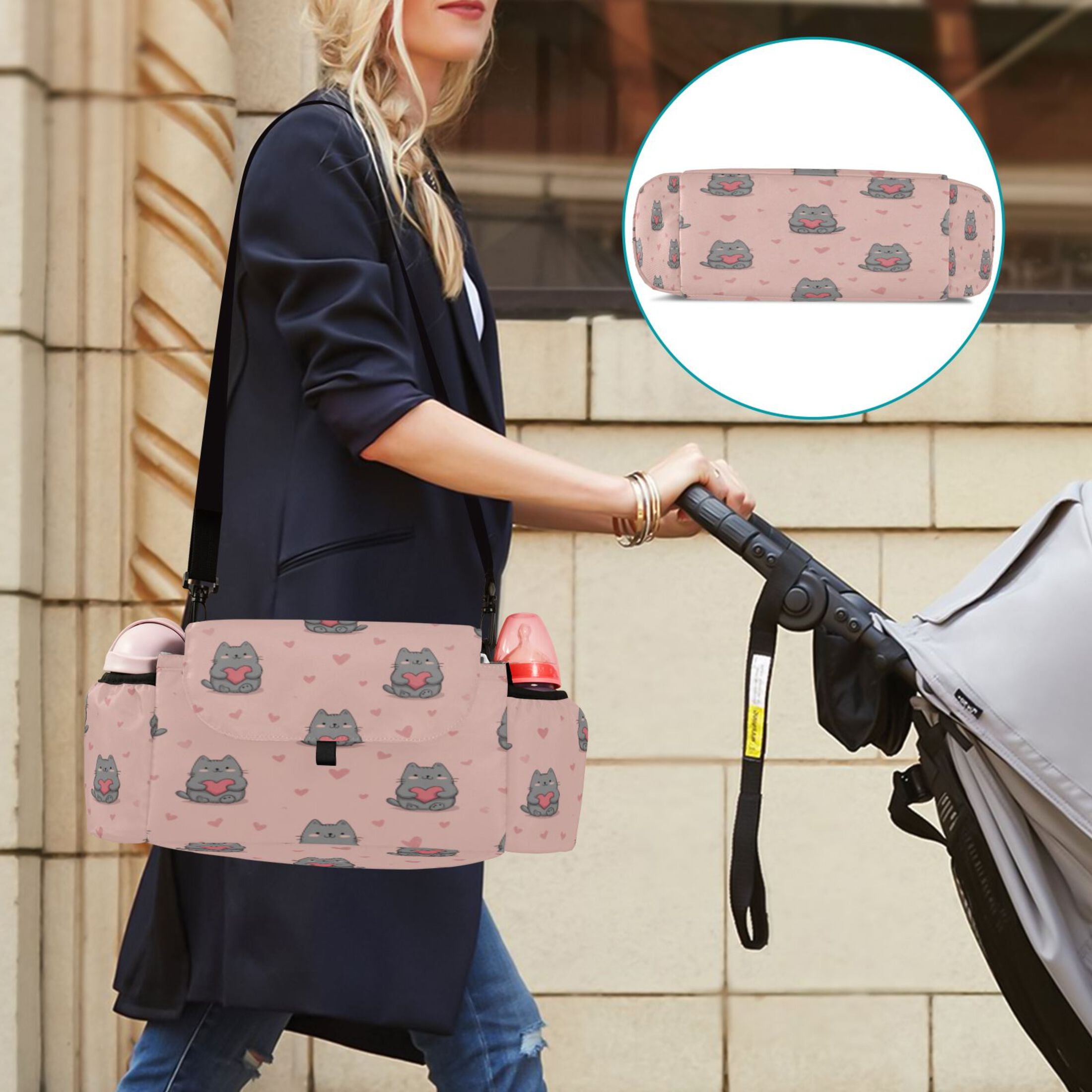 DIXRUYEE Stroller Organizer Pink Kitty Hearts Printed
