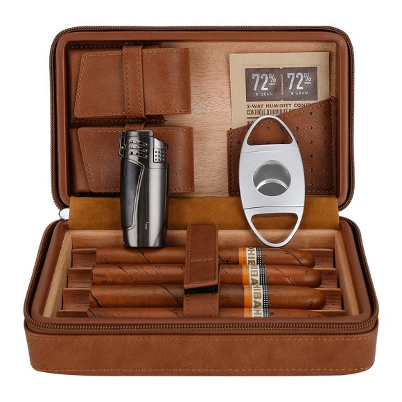 CiTree Cave de Voyage pour Cigares, Étui à Cigares en Bois de Cèdre et Cuir avec Ensemble-Cadeau d'Accessoires pour Cigares, Brun