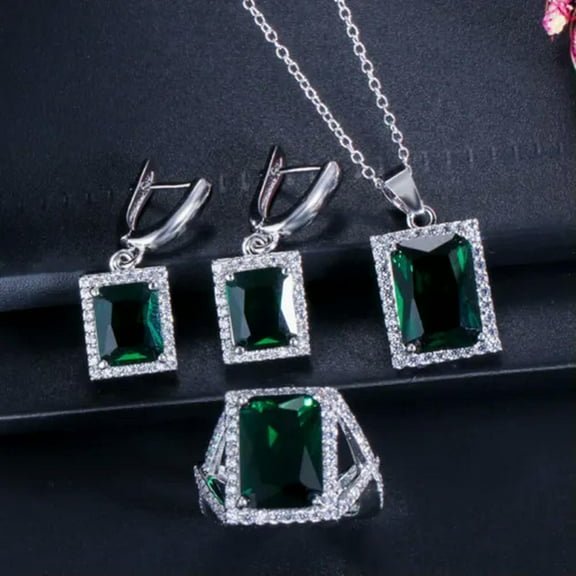 Pink CZ Square Pendent Necklace Earring and Ring White Gold Plated Jewelry Set
