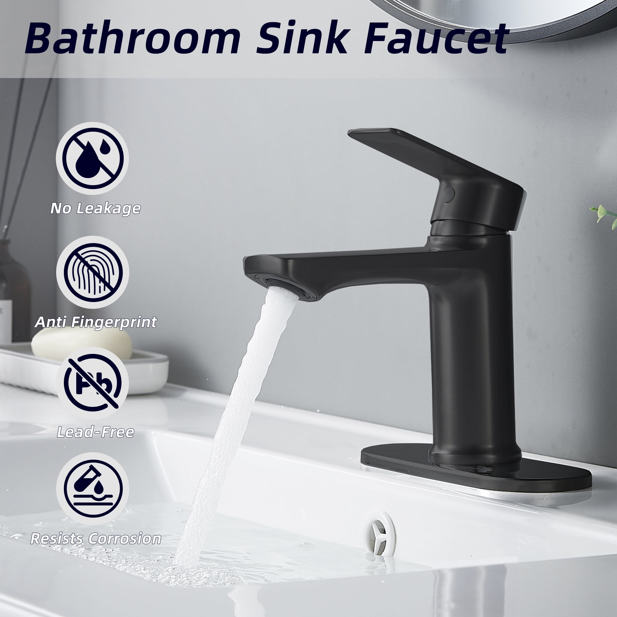 BELZ Bathroom Faucet Modern Single Handle One Hole Bath Vanity Sink Faucets with Pop Up Drain and Deck Plate for 1 or 3 Holes, Black