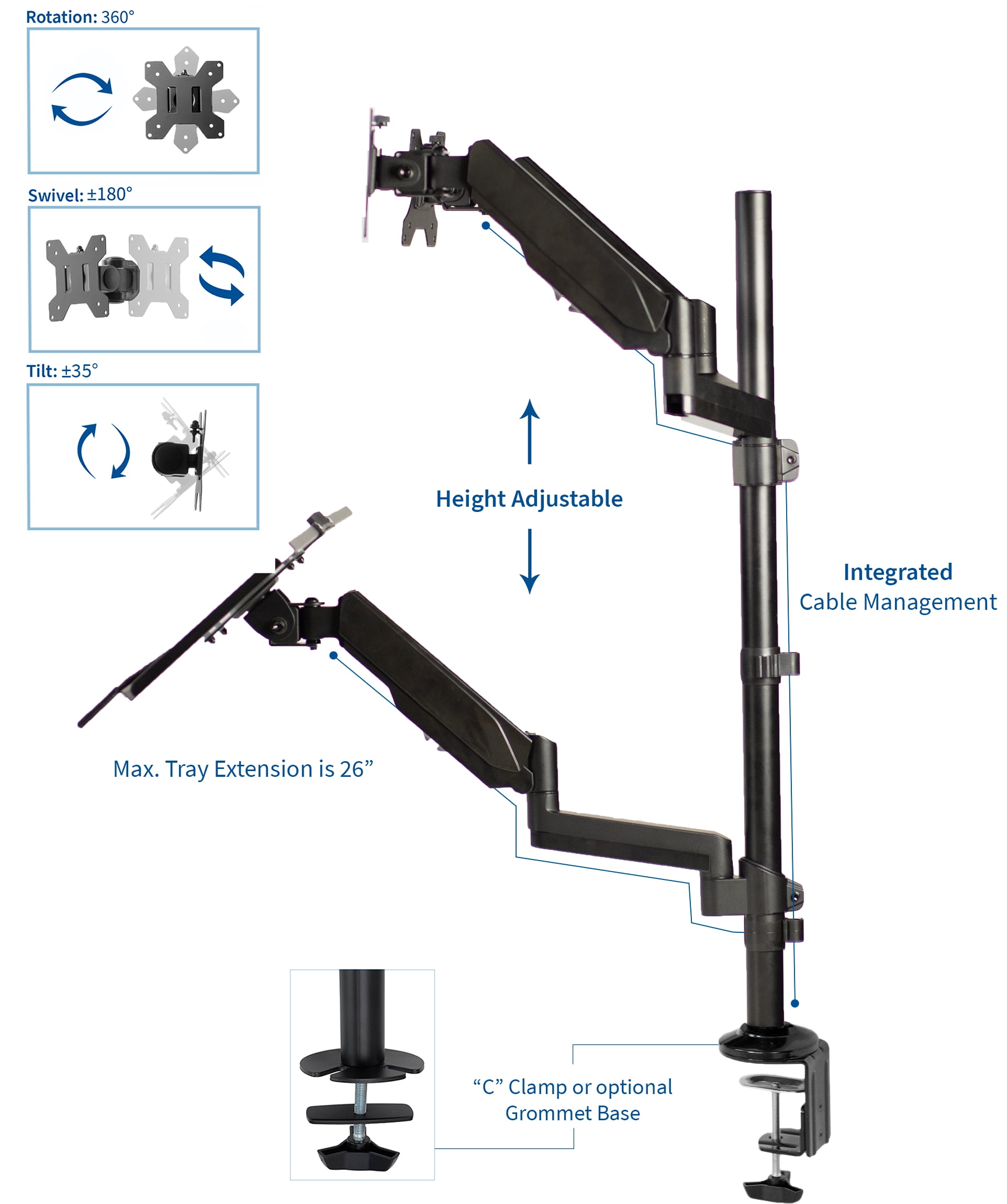VIVO Black Dual Monitor Sit-Stand Desk Mount | Holds 2 Screens 17" to 32"