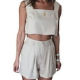thumbnail image 2 of Franhais Women Summer Suit Two Piece, Solid Color Square Neck Crop Tops Button Shorts with Pockets Basic Set, 2 of 7