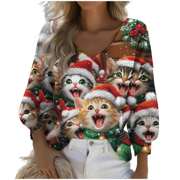 Lcziwo Womens Christmas Tops Long Sleeve V Neck Waffle Shirts Cute Xmas Hat Cat Print Oversized Blouses Casual Fall Fashion Outfits 2025 Multicolor,S