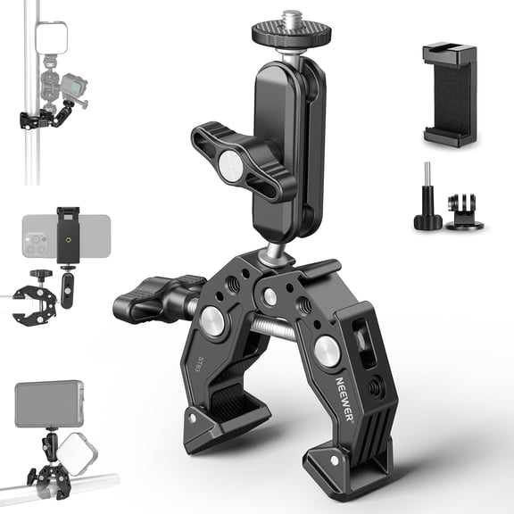 Neewer ST83 Super Clamp With Dual Ballhead & Cold Shoe, Phone/Action Camera Mount For Desk Tripod Tube Crossbar Gimbal Rods